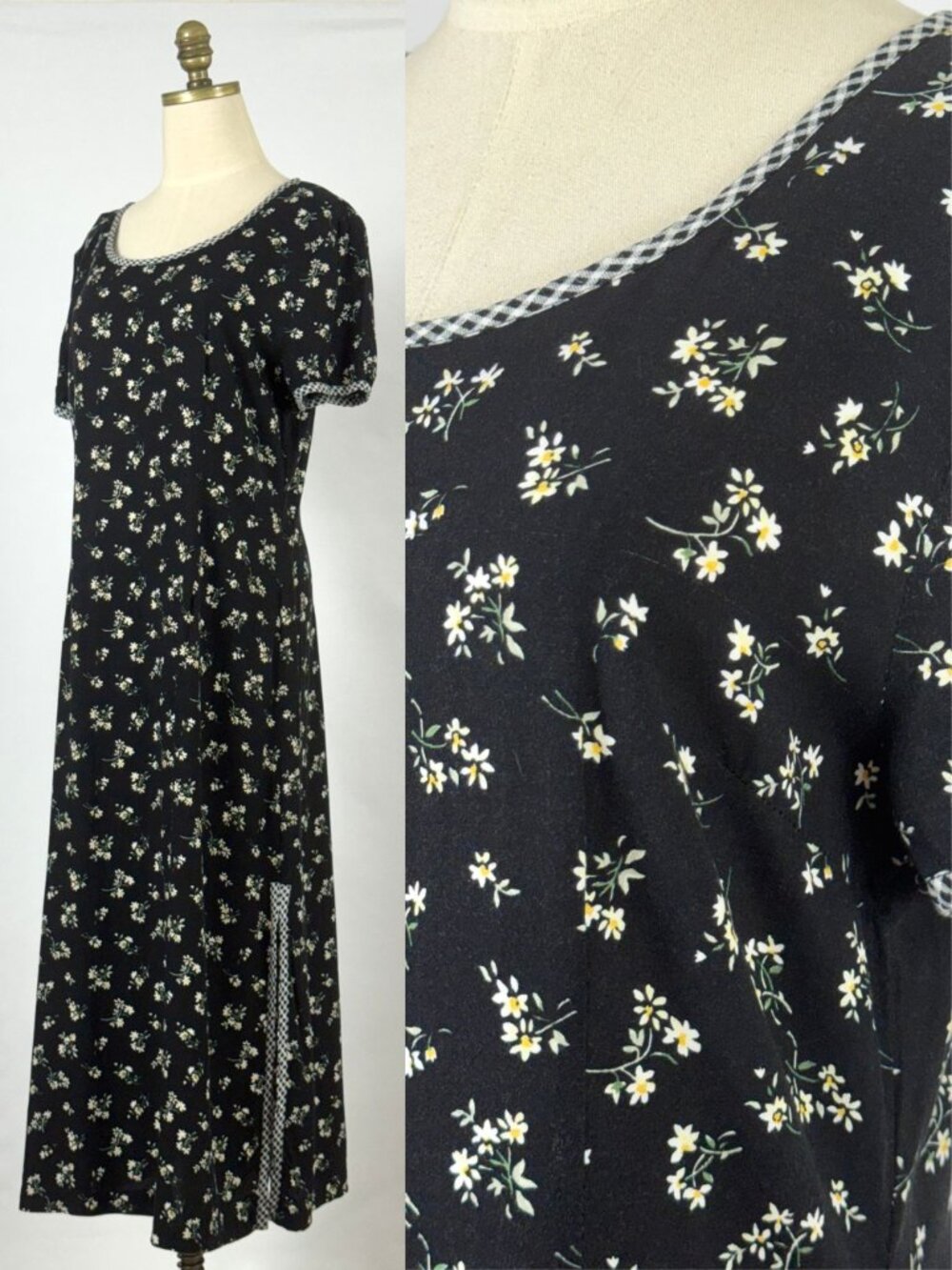 Vtg 90s Olivia Rose Black Daisy Floral Maxi Dress Gingham Trim Rayon Teacher